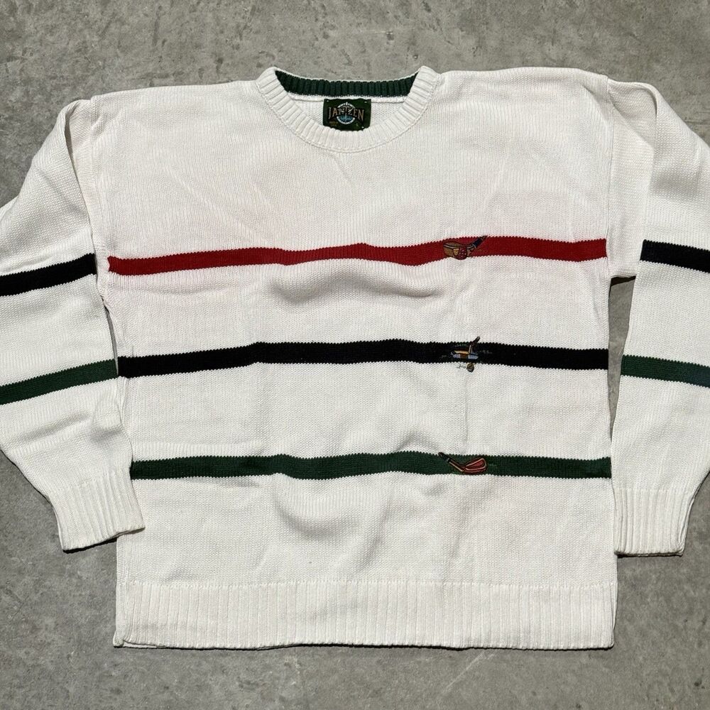 Vintage Jantzen Sweater Men Large Golf Embroidered Striped Cotton Crew USA